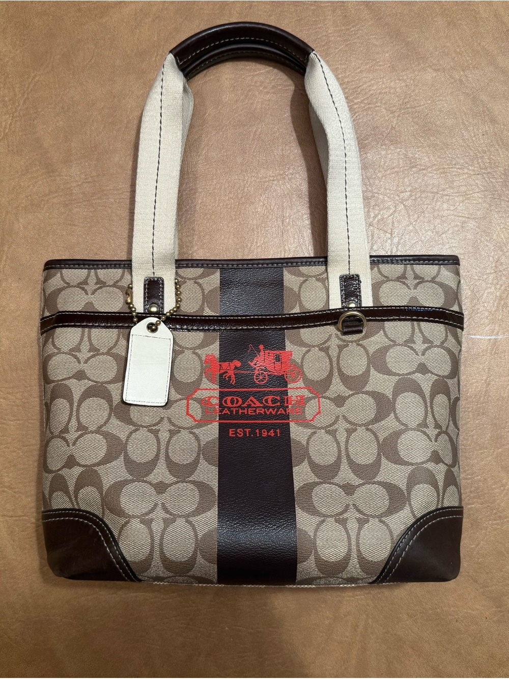 Coach Heritage Stripe Signature Tote — Khaki/Brown Carriage, Dust Bag